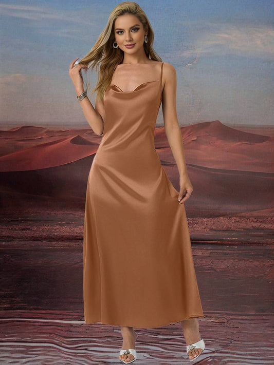 Zakaka Khaki Satin Maxi Dress Cowl Neck Backless Spaghetti Straps Sleeveless Elegant Dress
