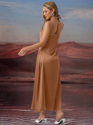Zakaka Khaki Satin Maxi Dress Cowl Neck Backless Spaghetti Straps Sleeveless Elegant Fashion Dress