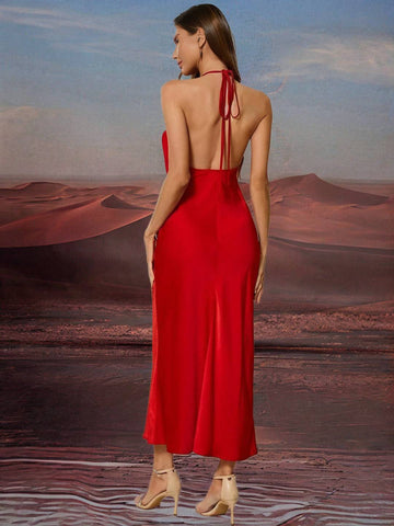 Zakaka Satin Bodycon Maxi Dress Cross Spaghetti Straps Sleeveless Elegant Chic Cocktail Clubwear