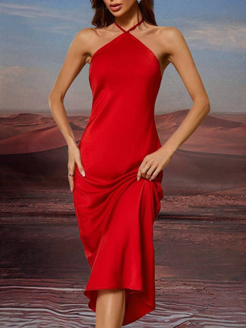 Zakaka Satin Bodycon Maxi Dress Cross Spaghetti Straps Sleeveless Elegant Chic Cocktail Clubwear