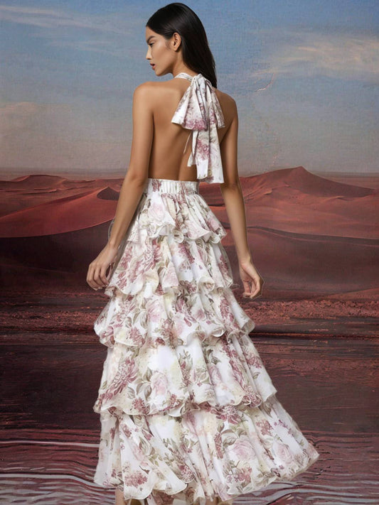 Zakaka Floral Maxi Dress Halter Neck Flouncy Backless Sleeveless Boho Elegant Vintage Prom Boutique Long Dress