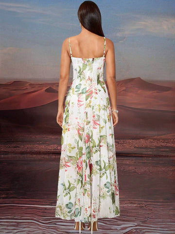 Zakaka Floral Draped Maxi Dress Spaghetti Straps Sleeveless Hem Big Swing Boho Elegant Beach Holiday Long Dress
