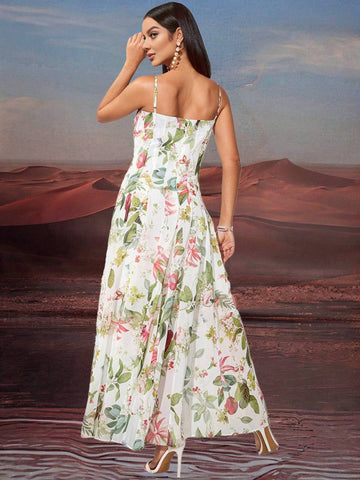 Zakaka Floral Draped Maxi Dress Spaghetti Straps Sleeveless Hem Big Swing Boho Elegant Beach Holiday Long Dress