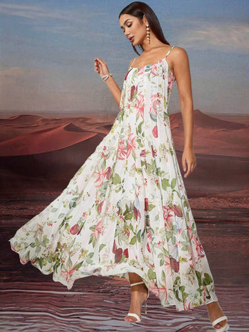Zakaka Floral Draped Maxi Dress Spaghetti Straps Sleeveless Hem Big Swing Boho Elegant Beach Holiday Long Dress