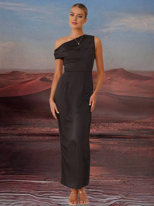 Zakaka Black Satin Maxi Dress Slim Oblique Shoulder Sleeveless Elegant Chic Evening Party Prom Bridesmaid Dress