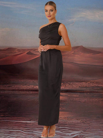 Zakaka Black Satin Maxi Dress Slim Oblique Shoulder Sleeveless Elegant Chic Evening Party Prom Bridesmaid Dress