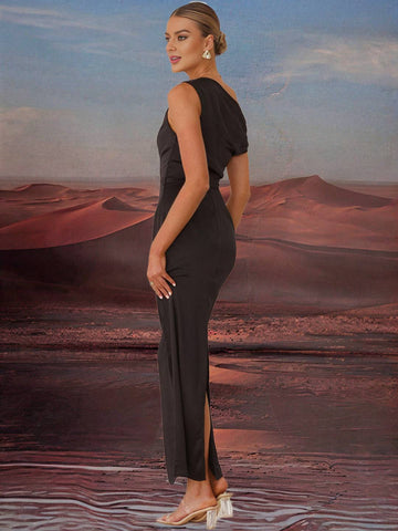 Zakaka Black Satin Maxi Dress Slim Oblique Shoulder Sleeveless Elegant Chic Evening Party Prom Bridesmaid Dress