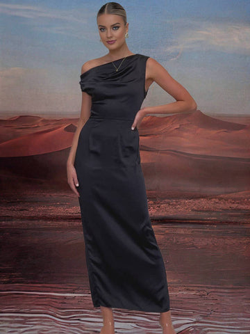 Zakaka Black Satin Maxi Dress Slim Oblique Shoulder Sleeveless Elegant Chic Evening Party Prom Bridesmaid Dress