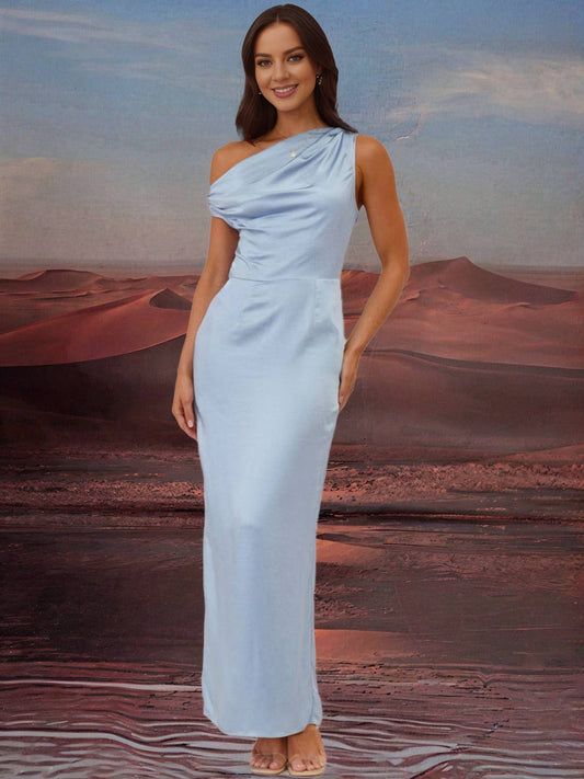Zakaka Blue Satin Maxi Dress Solid Color Slim Oblique Shoulder Sleeveless Chic Bridesmaid Dress