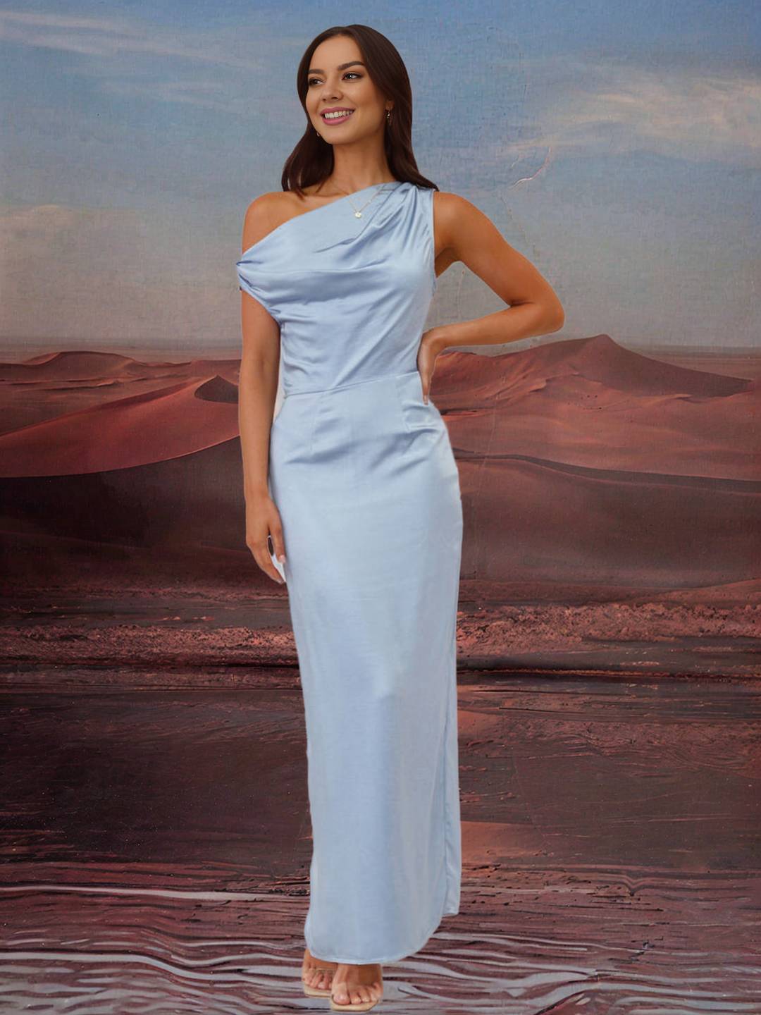 Zakaka Blue Satin Maxi Dress Solid Color Slim Oblique Shoulder Sleeveless Chic Bridesmaid Dress