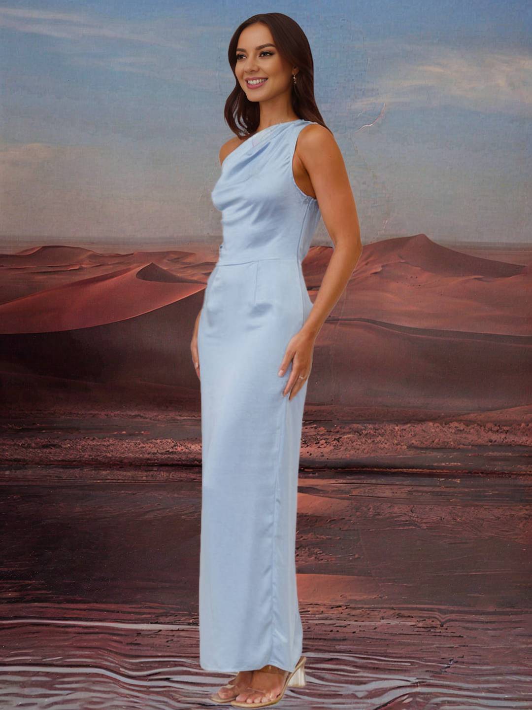 Zakaka Blue Satin Maxi Dress Solid Color Slim Oblique Shoulder Sleeveless Chic Bridesmaid Dress