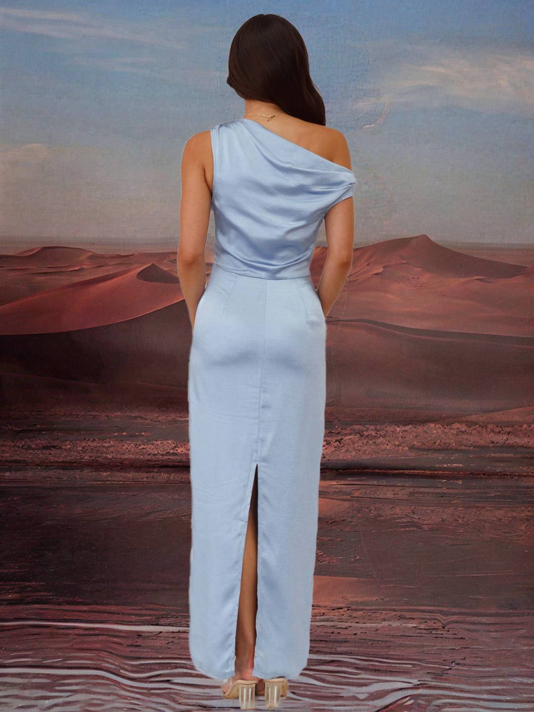 Zakaka Blue Satin Maxi Dress Solid Color Slim Oblique Shoulder Sleeveless Chic Bridesmaid Dress