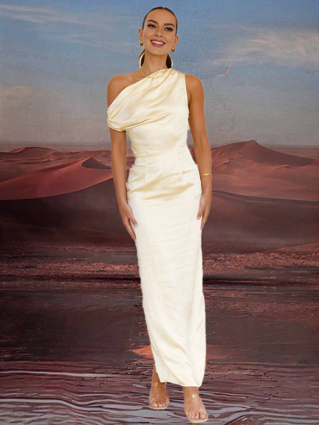 Zakaka Buttercup Satin Maxi Dress Slim Oblique Shoulder Sleeveless Elegant Chic Evening Party Bridesmaid Dress