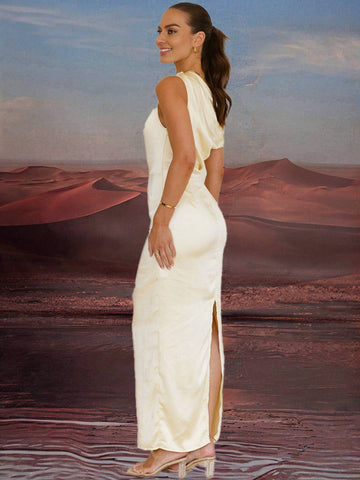 Zakaka Buttercup Satin Maxi Dress Slim Oblique Shoulder Sleeveless Elegant Chic Evening Party Bridesmaid Dress