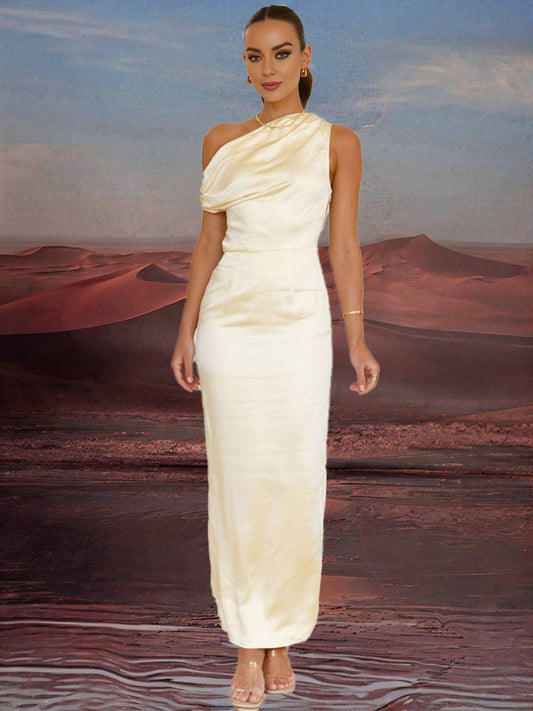 Zakaka Buttercup Satin Maxi Dress Slim Oblique Shoulder Sleeveless Elegant Chic Evening Party Bridesmaid Dress
