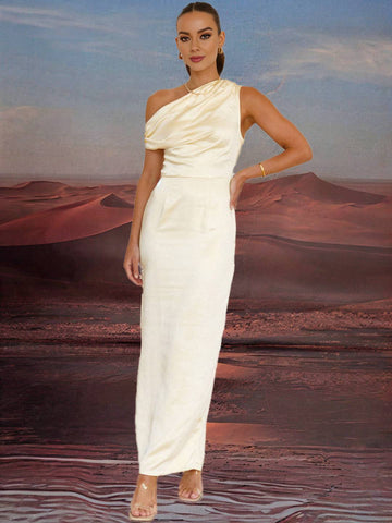 Zakaka Buttercup Satin Maxi Dress Slim Oblique Shoulder Sleeveless Elegant Chic Evening Party Bridesmaid Dress