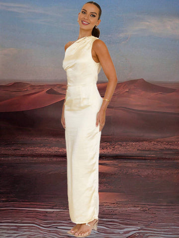 Zakaka Buttercup Satin Maxi Dress Slim Oblique Shoulder Sleeveless Elegant Chic Evening Party Bridesmaid Dress