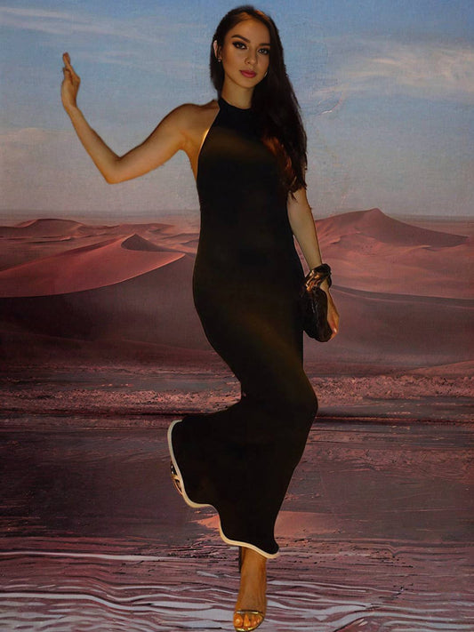 Zakaka Women Solid Color Bodycon Halter Neck Backless Sleeveless Chic Mermaid Maxi Dress