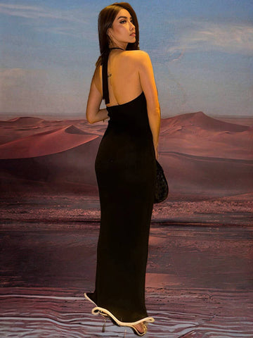 Zakaka Mermaid Maxi Dress Solid Color Bodycon Halter Neck Backless Sleeveless Trendy Chic Elegant Boutique Dress