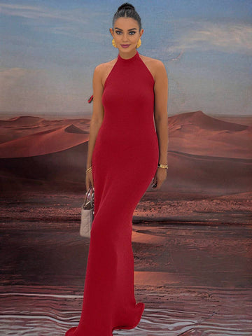Zakaka Mermaid Maxi Dress Solid Color Bodycon Halter Neck Backless Sleeveless Trendy Chic Elegant Boutique Dress