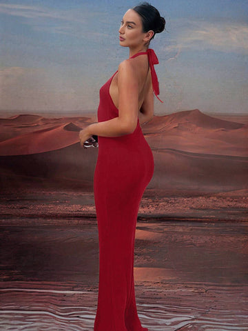 Zakaka Mermaid Maxi Dress Solid Color Bodycon Halter Neck Backless Sleeveless Trendy Chic Elegant Boutique Dress