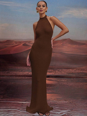 Zakaka Mermaid Maxi Dress Solid Color Bodycon Halter Neck Backless Sleeveless Trendy Chic Elegant Boutique Dress