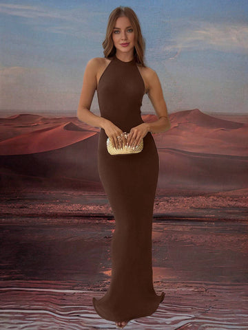 Zakaka Mermaid Maxi Dress Solid Color Bodycon Halter Neck Backless Sleeveless Trendy Chic Elegant Boutique Dress