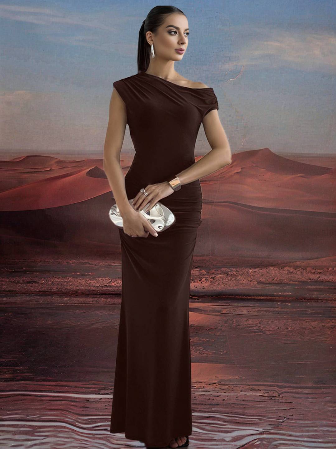 Zakaka Women Solid Color Oblique Shoulder Elegant Evening Party Maxi Dress