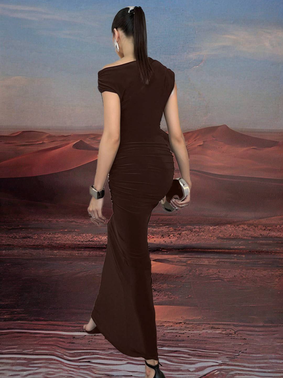 Zakaka Women Solid Color Oblique Shoulder Elegant Evening Party Maxi Dress