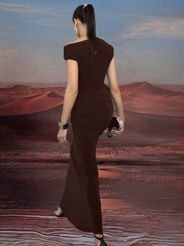 Zakaka Solid Color Oblique Shoulder Elegant Casual Chic Evening Party Prom Boutique Holiday Ball Gown Prom Maxi Dress