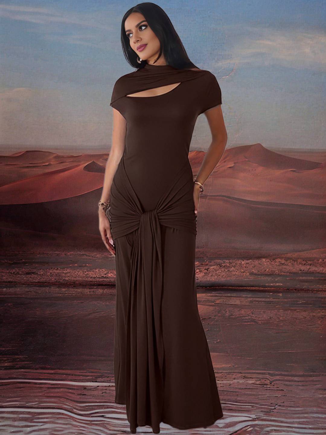 Zakaka Solid Color Cut Out Bodycon Short Sleeve Trendy Chic Elegant Vacation Boutique Holiday Maxi Dress