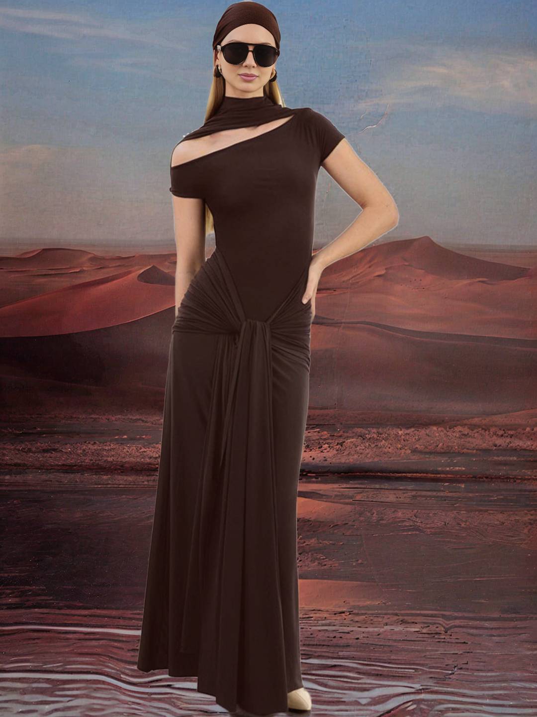 Zakaka Women Solid Color Cut Out Bodycon Short Sleeve Chic Boutique Maxi Dress