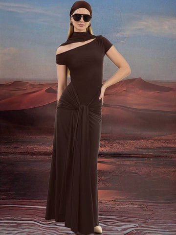 Zakaka Solid Color Cut Out Bodycon Short Sleeve Trendy Chic Elegant Vacation Boutique Holiday Maxi Dress