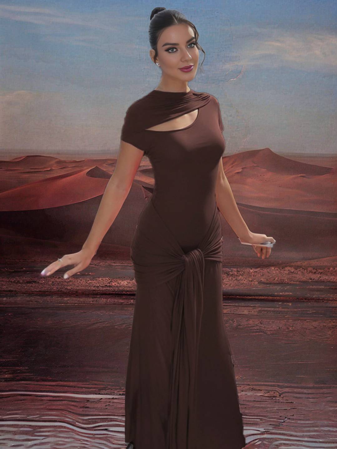 Zakaka Women Solid Color Cut Out Bodycon Short Sleeve Chic Boutique Maxi Dress