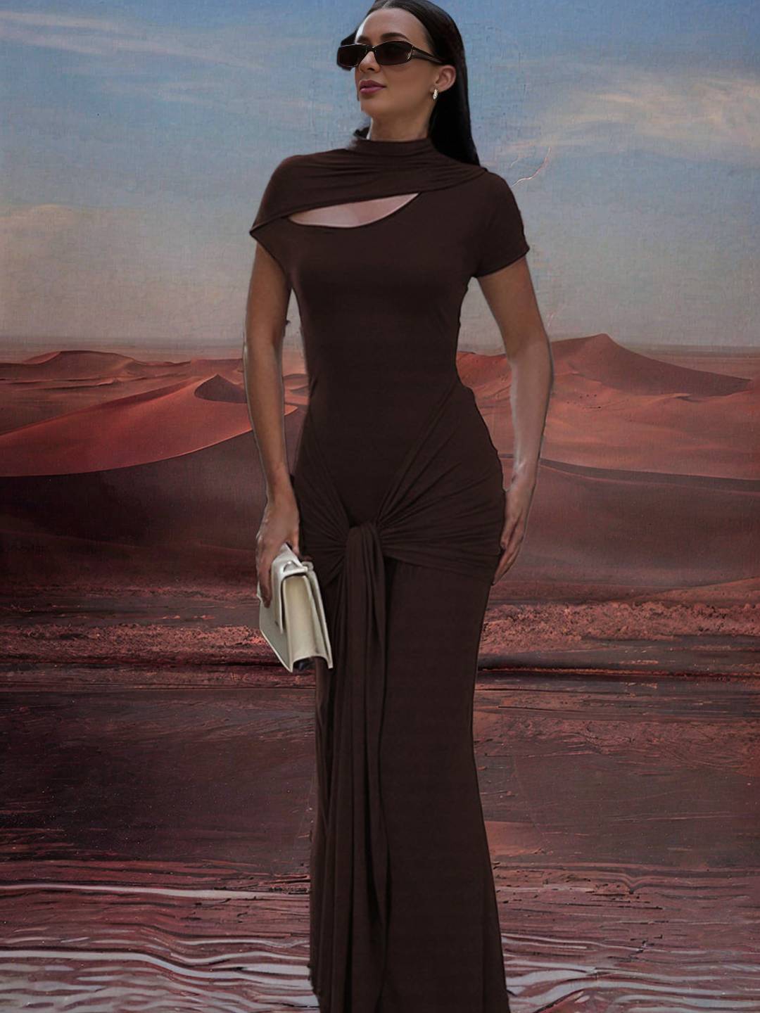 Zakaka Women Solid Color Cut Out Bodycon Short Sleeve Chic Boutique Maxi Dress