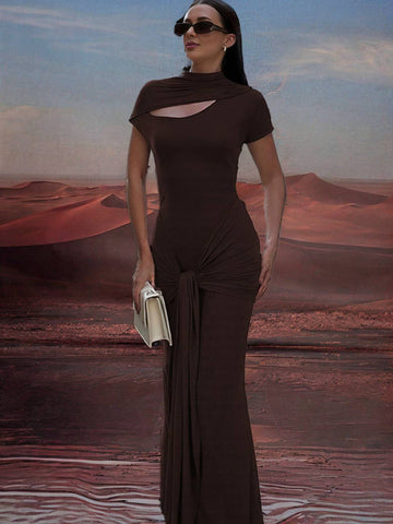 Zakaka Solid Color Cut Out Bodycon Short Sleeve Trendy Chic Elegant Vacation Boutique Holiday Maxi Dress
