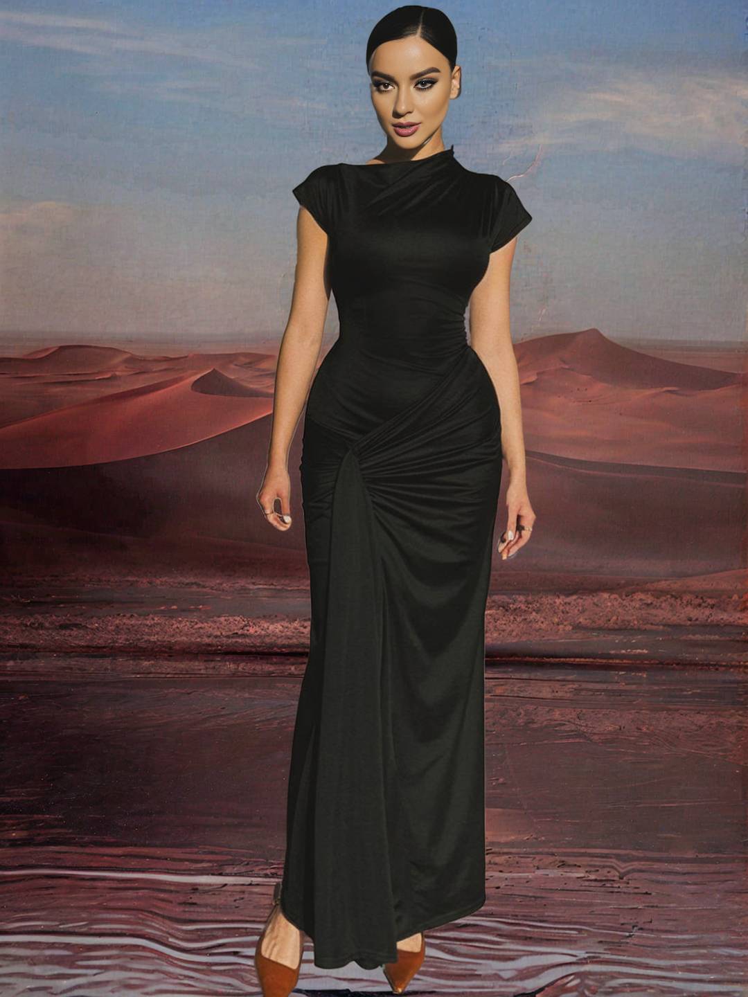 Zakaka Bodycon Round Neck Short Sleeve Lace Up Knot Elegant Fashion Prom Maxi Dress