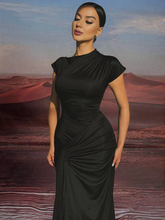 Zakaka Bodycon Maxi Dress Round Neck Short Sleeve Lace Up Knot Elegant Fashion Trendy Ceremony Prom Long Dress