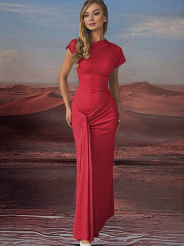 Zakaka Bodycon Maxi Dress Round Neck Short Sleeve Lace Up Knot Elegant Fashion Trendy Ceremony Prom Long Dress