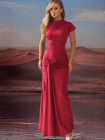 Zakaka Bodycon Maxi Dress Round Neck Short Sleeve Lace Up Knot Elegant Fashion Trendy Ceremony Prom Long Dress