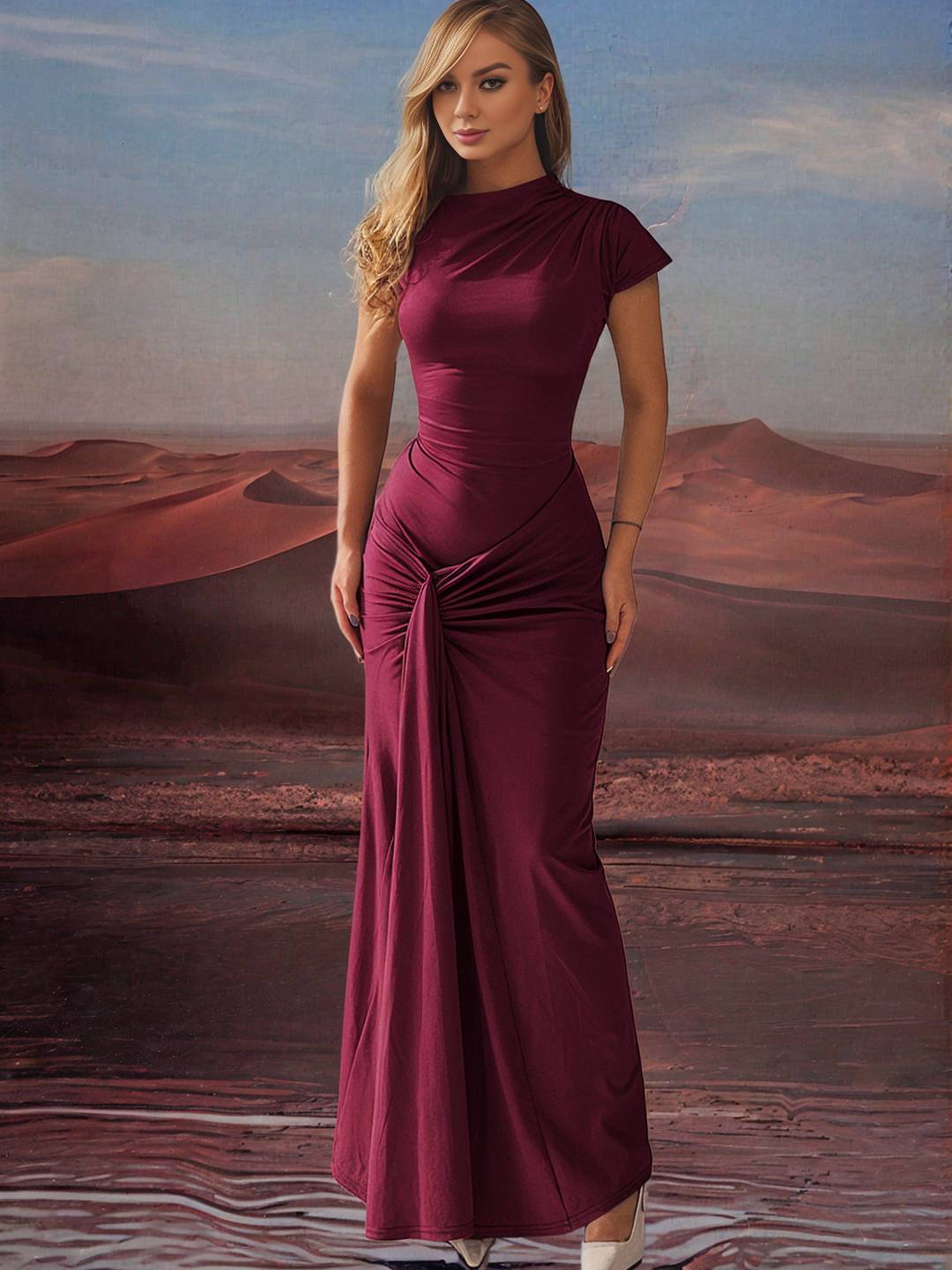 Zakaka Bodycon Round Neck Short Sleeve Lace Up Knot Elegant Fashion Prom Maxi Dress