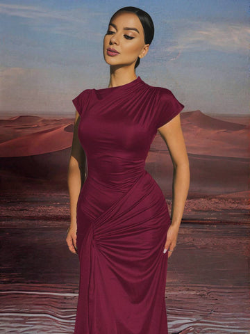 Zakaka Bodycon Maxi Dress Round Neck Short Sleeve Lace Up Knot Elegant Fashion Trendy Ceremony Prom Long Dress