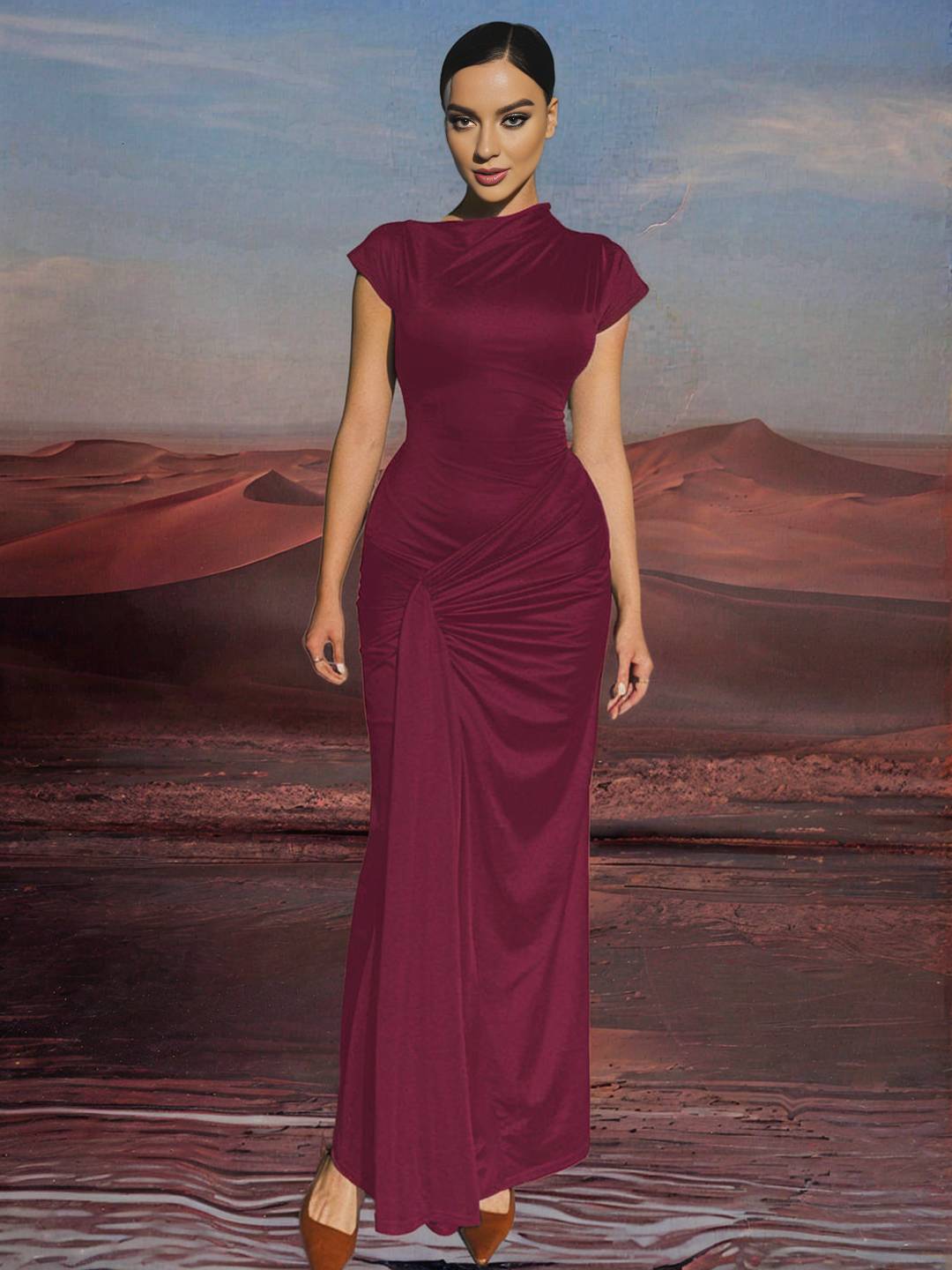 Zakaka Bodycon Round Neck Short Sleeve Lace Up Knot Elegant Fashion Prom Maxi Dress