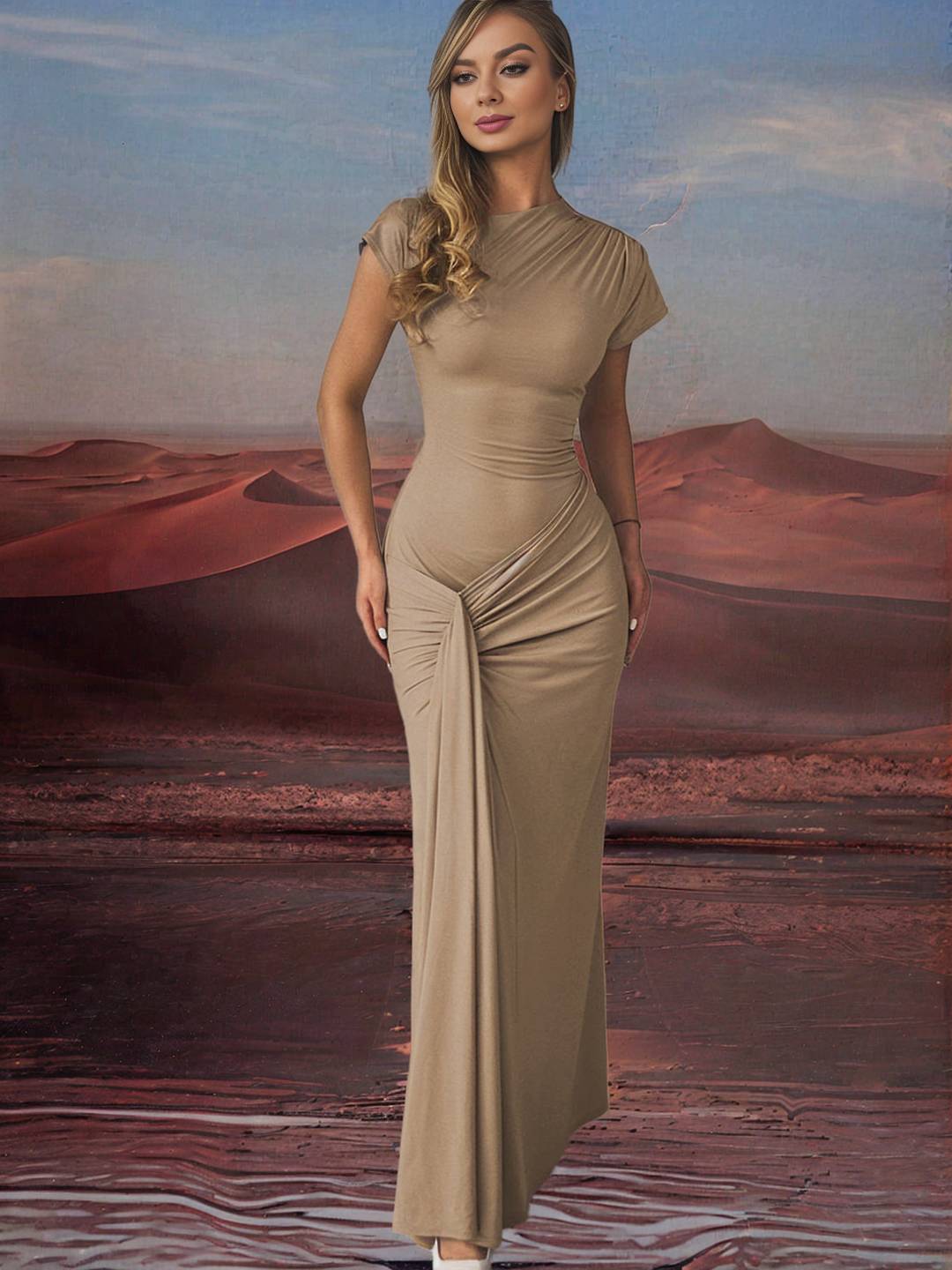 Zakaka Bodycon Round Neck Short Sleeve Lace Up Knot Elegant Fashion Prom Maxi Dress