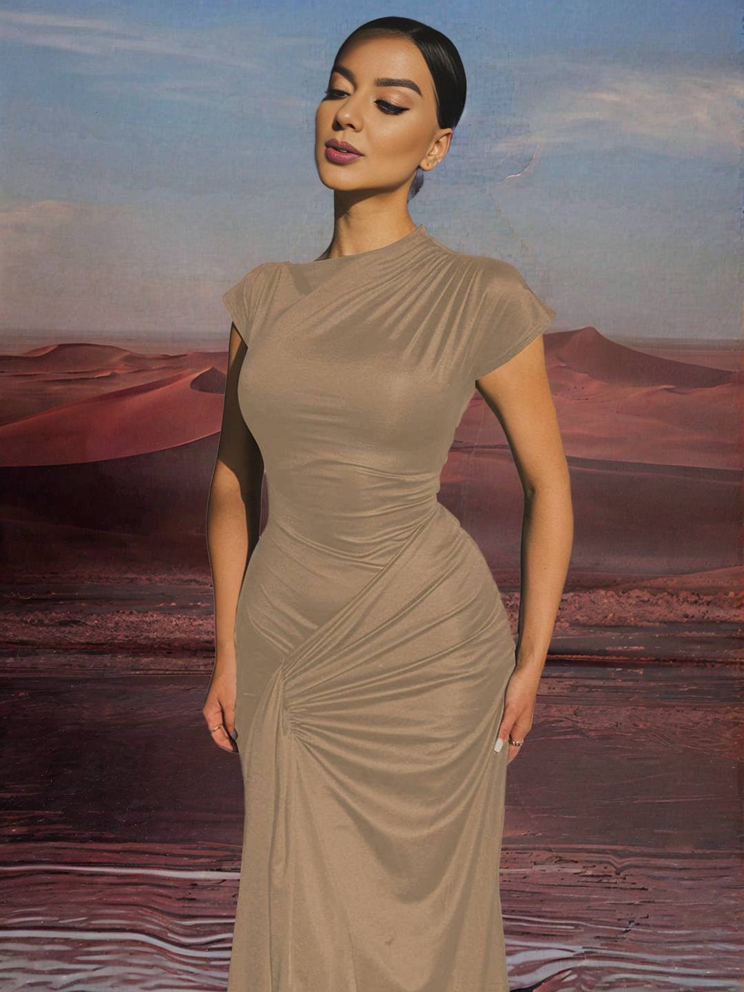 Zakaka Bodycon Round Neck Short Sleeve Lace Up Knot Elegant Fashion Prom Maxi Dress