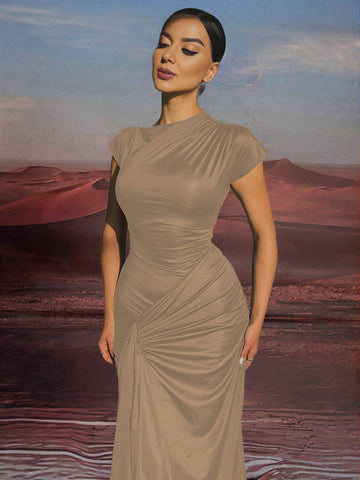 Zakaka Bodycon Maxi Dress Round Neck Short Sleeve Lace Up Knot Elegant Fashion Trendy Ceremony Prom Long Dress