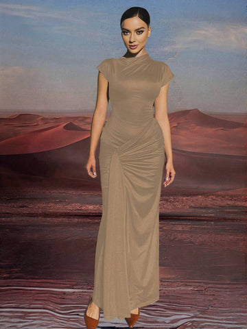 Zakaka Bodycon Maxi Dress Round Neck Short Sleeve Lace Up Knot Elegant Fashion Trendy Ceremony Prom Long Dress