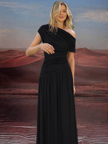 Zakaka Black Oblique Shoulder Ruffle Irregular Draped Hem Sleeveless Elegant Fashion Trendy Evening Party Maxi Dress