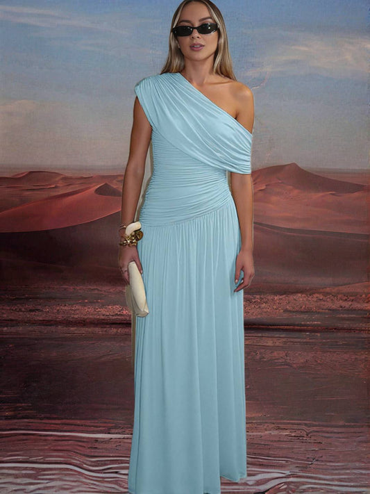 Zakaka Women Solid Color Oblique Shoulder Ruffle Irregular Draped Hem Sleeveless Elegant Evening Party Maxi Dress