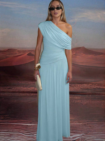 Zakaka Solid Color Oblique Shoulder Ruffle Irregular Draped Hem Sleeveless Elegant Fashion Trendy Evening Party Maxi Dress